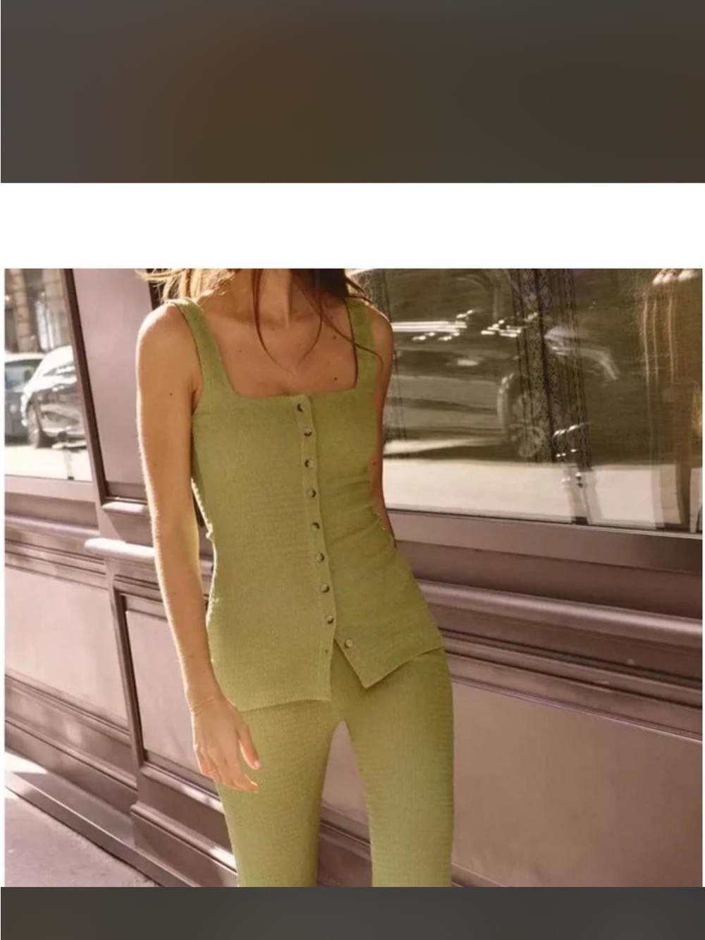 Zara Olive Green Ribbed Button-Front Two Piece Set